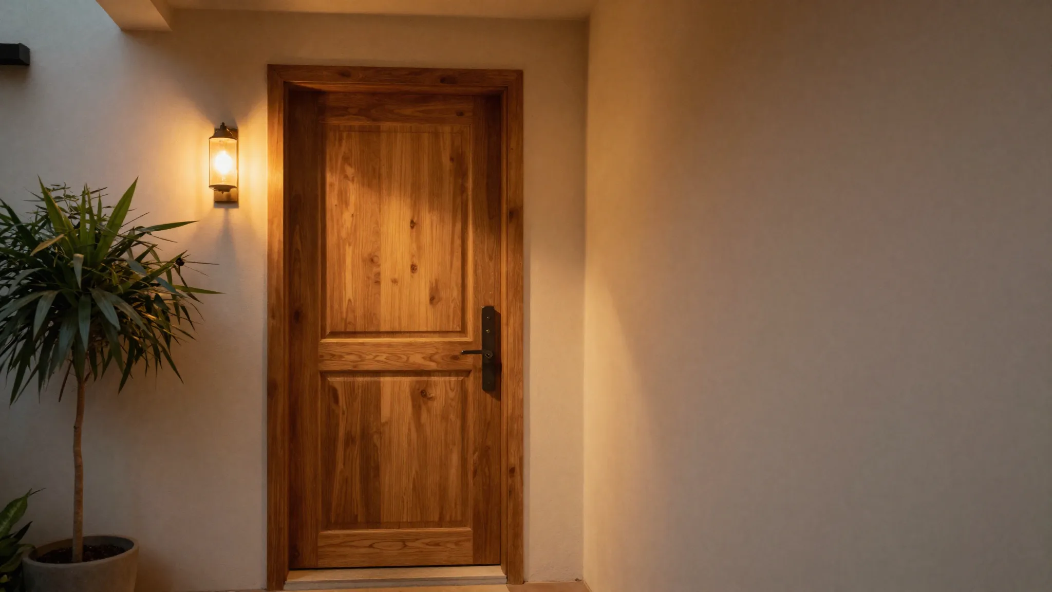 Warm boutique home entrance at dusk — a single closed wooden door glowing softly under a warm wall light