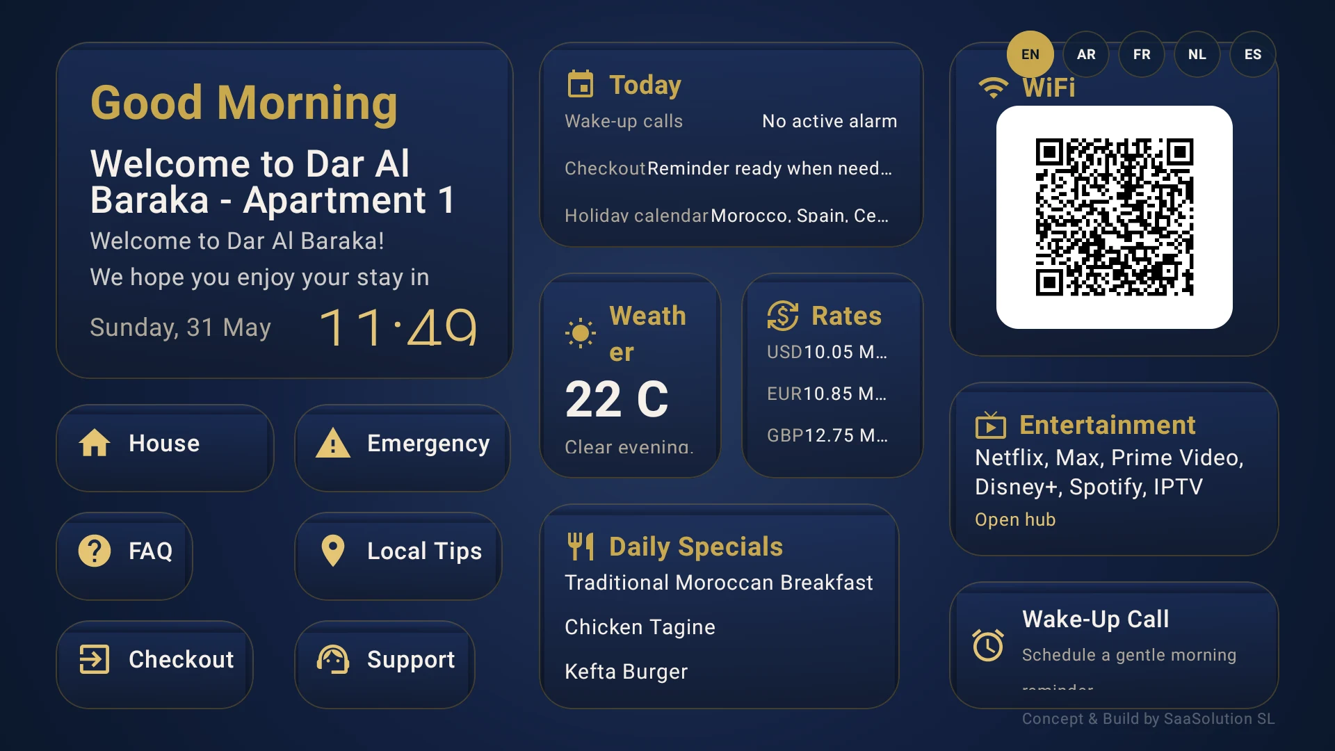 HospitalityTV welcome dashboard shown on the TV